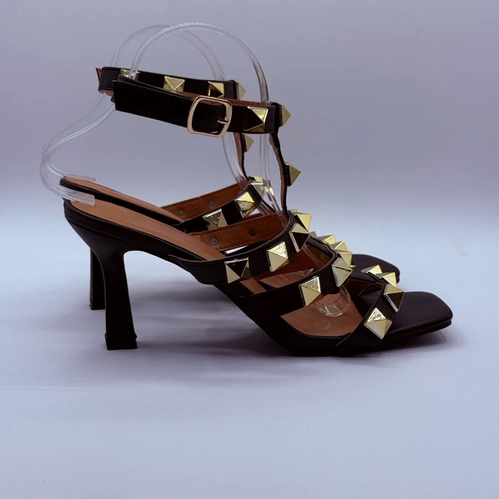 Nicole Miller NY Gold Studded Black Heeled Sandals – Ankle Strap Fashion Heels - Picture 3 of 16